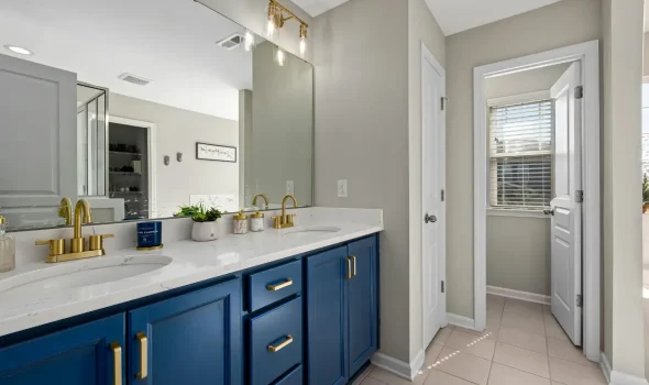 Stylish bathroom with blue vanity and gold fixtures renovated by Builders Rodney showcasing bathroom renovations expertise