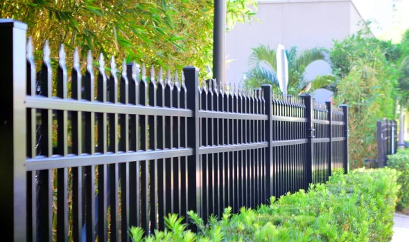 A sleek black fence installed by Builders Rodney fencing contractors, enhancing the property’s appeal.